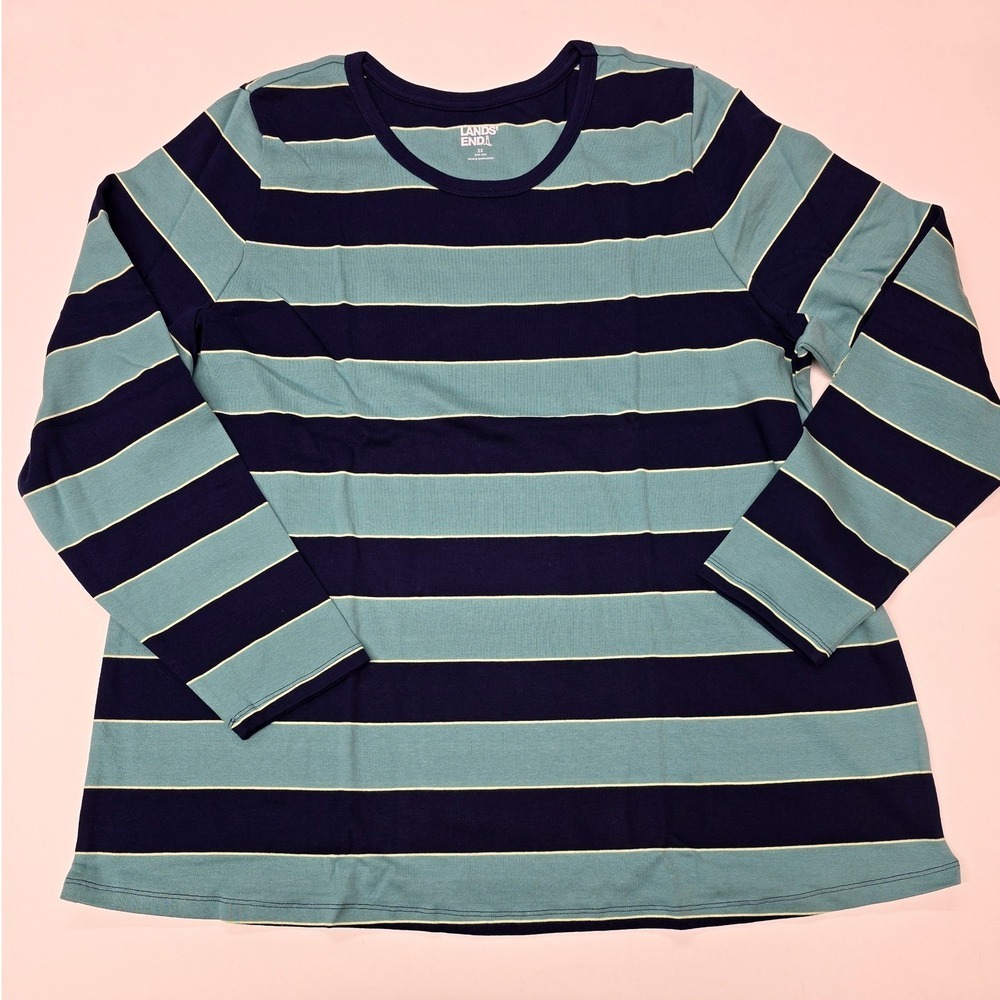 Lands End Womens‎ 2X Teal Shadow Tri Rugby Striped Long Sleeve Cotton Tee 475573